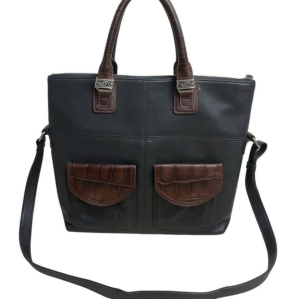 Brighton Black &Brown Leather Pebbled Tote Shoulder Bag Satchel Charms Crossbody